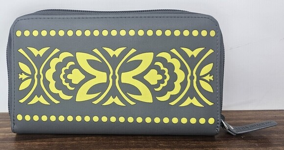 Vera Bradley Handbags - Vera Bradley Laser Cut Wallet Moonless Night Faux Leather Gray Yellow Zip Around